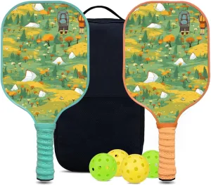 Custom Pickleball Paddles Set with 2 Pickleball Rackets 4 Pickle Balls 1 Carry Bag, Hiking-BJ137 Pattern, Carbon Fiber,Honeycomb Polymer Core & Comfort Grip