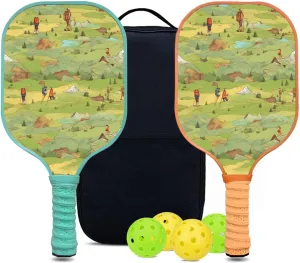 Custom Pickleball Paddles Set with 2 Pickleball Rackets 4 Pickle Balls 1 Carry Bag, Hiking-BJ138 Pattern, Carbon Fiber,Honeycomb Polymer Core & Comfort Grip