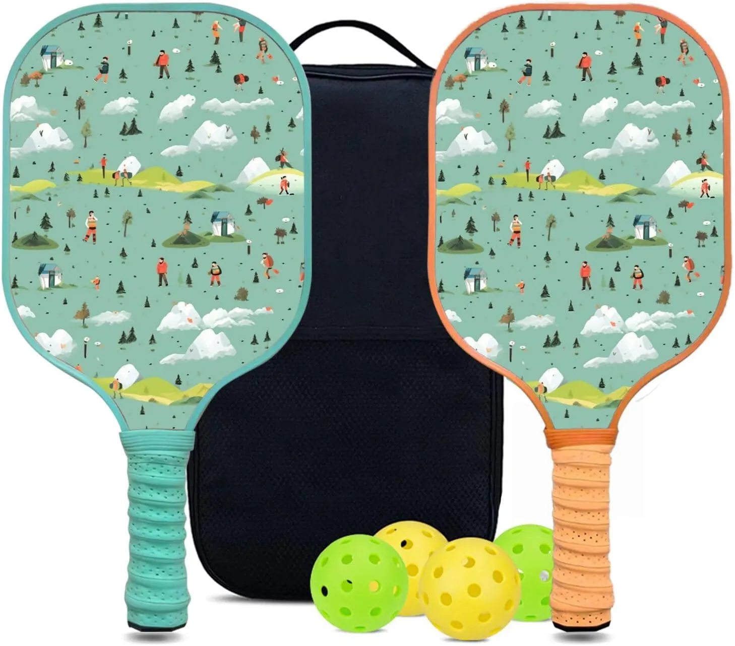 Custom Pickleball Paddles Set with 2 Pickleball Rackets 4 Pickle Balls 1 Carry Bag, Hiking-BJ146 Pattern, Carbon Fiber,Honeycomb Polymer Core & Comfort Grip