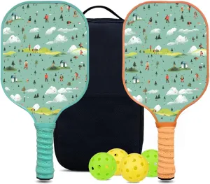 Custom Pickleball Paddles Set with 2 Pickleball Rackets 4 Pickle Balls 1 Carry Bag, Hiking-BJ146 Pattern, Carbon Fiber,Honeycomb Polymer Core & Comfort Grip