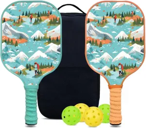 Custom Pickleball Paddles Set with 2 Pickleball Rackets 4 Pickle Balls 1 Carry Bag, Hiking-BJ149 Pattern, Carbon Fiber,Honeycomb Polymer Core & Comfort Grip