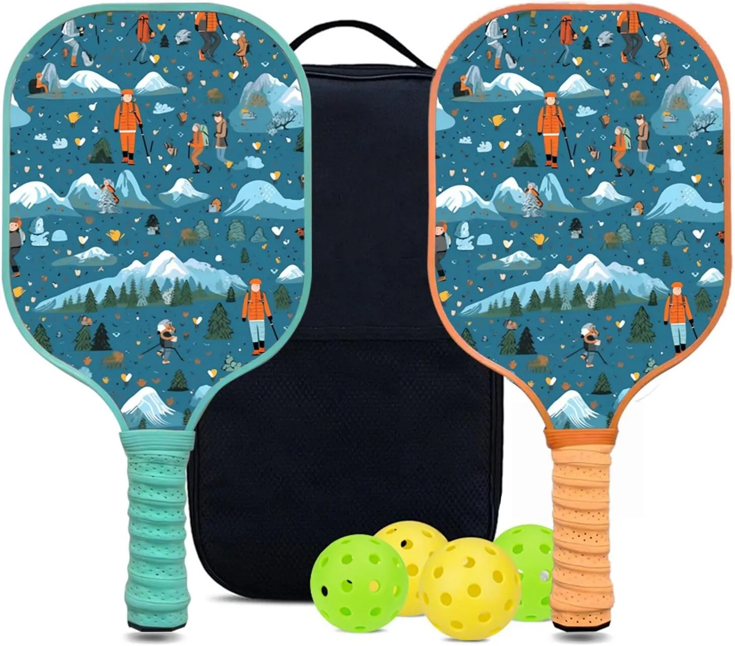 Custom Pickleball Paddles Set with 2 Pickleball Rackets 4 Pickle Balls 1 Carry Bag, Hiking-BJ154 Pattern, Carbon Fiber,Honeycomb Polymer Core & Comfort Grip