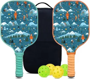 Custom Pickleball Paddles Set with 2 Pickleball Rackets 4 Pickle Balls 1 Carry Bag, Hiking-BJ154 Pattern, Carbon Fiber,Honeycomb Polymer Core & Comfort Grip