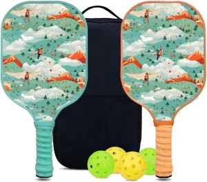 Custom Pickleball Paddles Set with 2 Pickleball Rackets 4 Pickle Balls 1 Carry Bag, Hiking-BJ156 Pattern, Carbon Fiber,Honeycomb Polymer Core & Comfort Grip