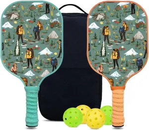 Custom Pickleball Paddles Set with 2 Pickleball Rackets 4 Pickle Balls 1 Carry Bag, Hiking-BJ159 Pattern, Carbon Fiber,Honeycomb Polymer Core & Comfort Grip