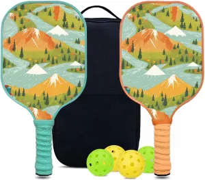 Custom Pickleball Paddles Set with 2 Pickleball Rackets 4 Pickle Balls 1 Carry Bag, Hiking-BJ163 Pattern, Carbon Fiber,Honeycomb Polymer Core & Comfort Grip