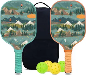 Custom Pickleball Paddles Set with 2 Pickleball Rackets 4 Pickle Balls 1 Carry Bag, Hiking-BJ167 Pattern, Carbon Fiber,Honeycomb Polymer Core & Comfort Grip