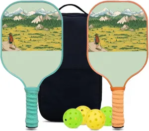 Custom Pickleball Paddles Set with 2 Pickleball Rackets 4 Pickle Balls 1 Carry Bag, Hiking-BJ169 Pattern, Carbon Fiber,Honeycomb Polymer Core & Comfort Grip