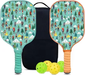 Custom Pickleball Paddles Set with 2 Pickleball Rackets 4 Pickle Balls 1 Carry Bag, Hiking-BJ172 Pattern, Carbon Fiber,Honeycomb Polymer Core & Comfort Grip