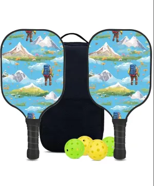 Custom Pickleball Paddles Set with 2 Pickleball Rackets 4 Pickle Balls 1 Carry Bag, Hiking-BJ175 Pattern, Carbon Fiber,Honeycomb Polymer Core & Comfort Grip