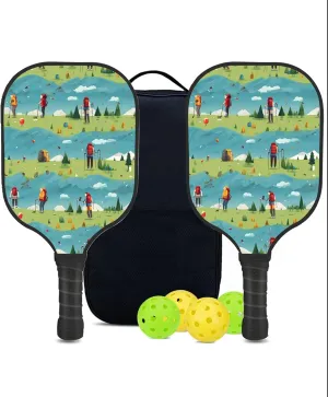 Custom Pickleball Paddles Set with 2 Pickleball Rackets 4 Pickle Balls 1 Carry Bag, Hiking-BJ219 Pattern, Carbon Fiber,Honeycomb Polymer Core & Comfort Grip