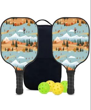 Custom Pickleball Paddles Set with 2 Pickleball Rackets 4 Pickle Balls 1 Carry Bag, Hiking-BJ222 Pattern, Carbon Fiber,Honeycomb Polymer Core & Comfort Grip