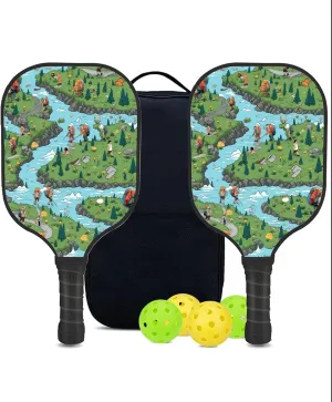 Custom Pickleball Paddles Set with 2 Pickleball Rackets 4 Pickle Balls 1 Carry Bag, Hiking-BJ243 Pattern, Carbon Fiber,Honeycomb Polymer Core & Comfort Grip