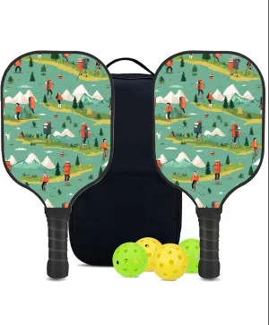 Custom Pickleball Paddles Set with 2 Pickleball Rackets 4 Pickle Balls 1 Carry Bag, Hiking-BJ252 Pattern, Carbon Fiber,Honeycomb Polymer Core & Comfort Grip