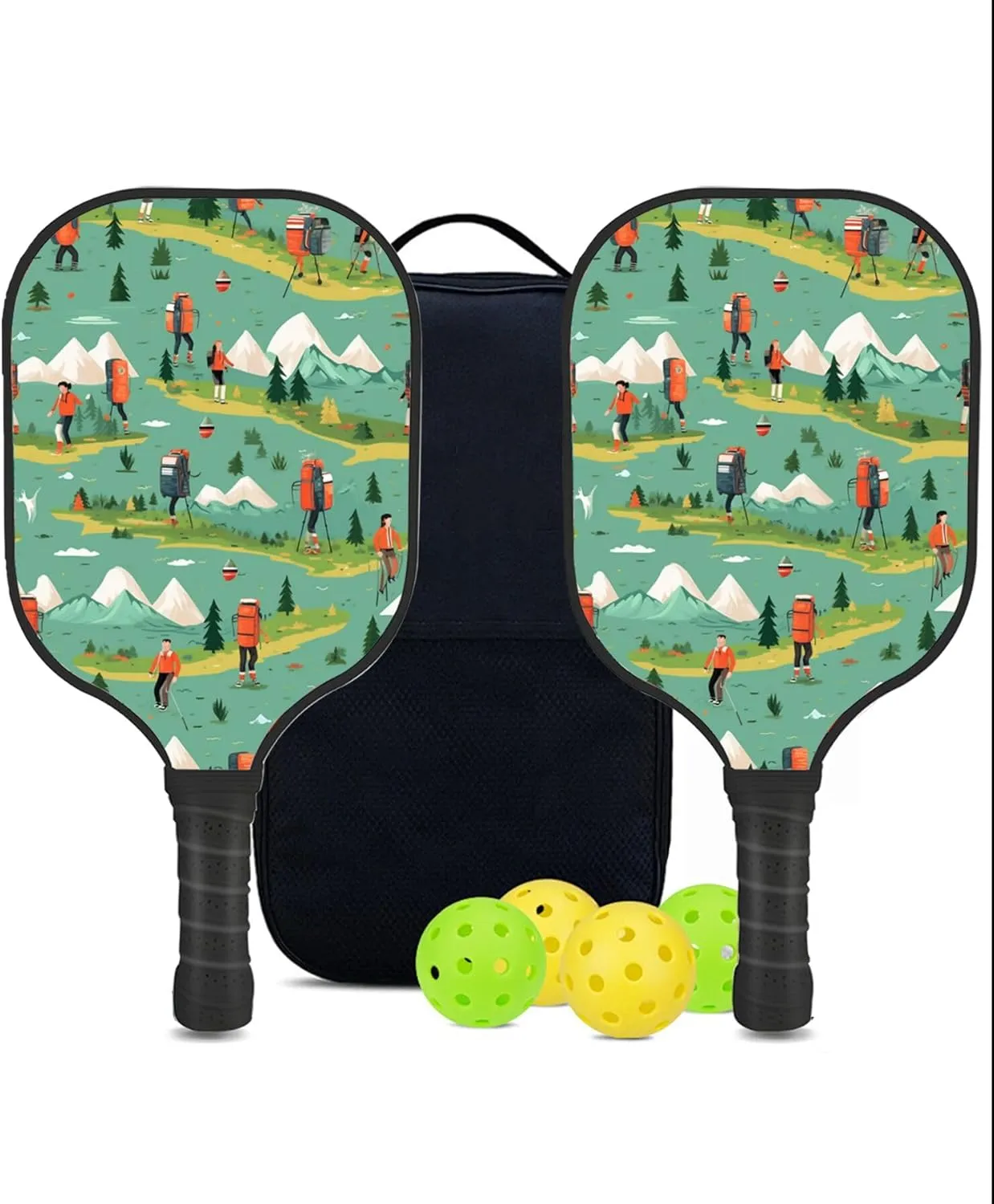 Custom Pickleball Paddles Set with 2 Pickleball Rackets 4 Pickle Balls 1 Carry Bag, Hiking-BJ252 Pattern, Carbon Fiber,Honeycomb Polymer Core & Comfort Grip
