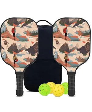 Custom Pickleball Paddles Set with 2 Pickleball Rackets 4 Pickle Balls 1 Carry Bag, Hiking-BJ253 Pattern, Carbon Fiber,Honeycomb Polymer Core & Comfort Grip