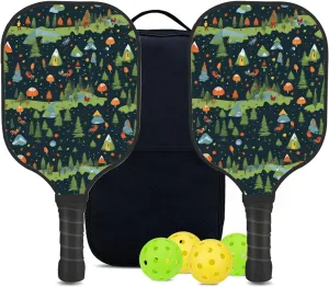 Custom Pickleball Paddles Set with 2 Pickleball Rackets 4 Pickle Balls 1 Carry Bag, Hiking-BJ308 Pattern, Carbon Fiber,Honeycomb Polymer Core & Comfort Grip