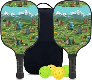 Custom Pickleball Paddles Set with 2 Pickleball Rackets 4 Pickle Balls 1 Carry Bag, Hiking-BJ314 Pattern, Carbon Fiber,Honeycomb Polymer Core & Comfort Grip