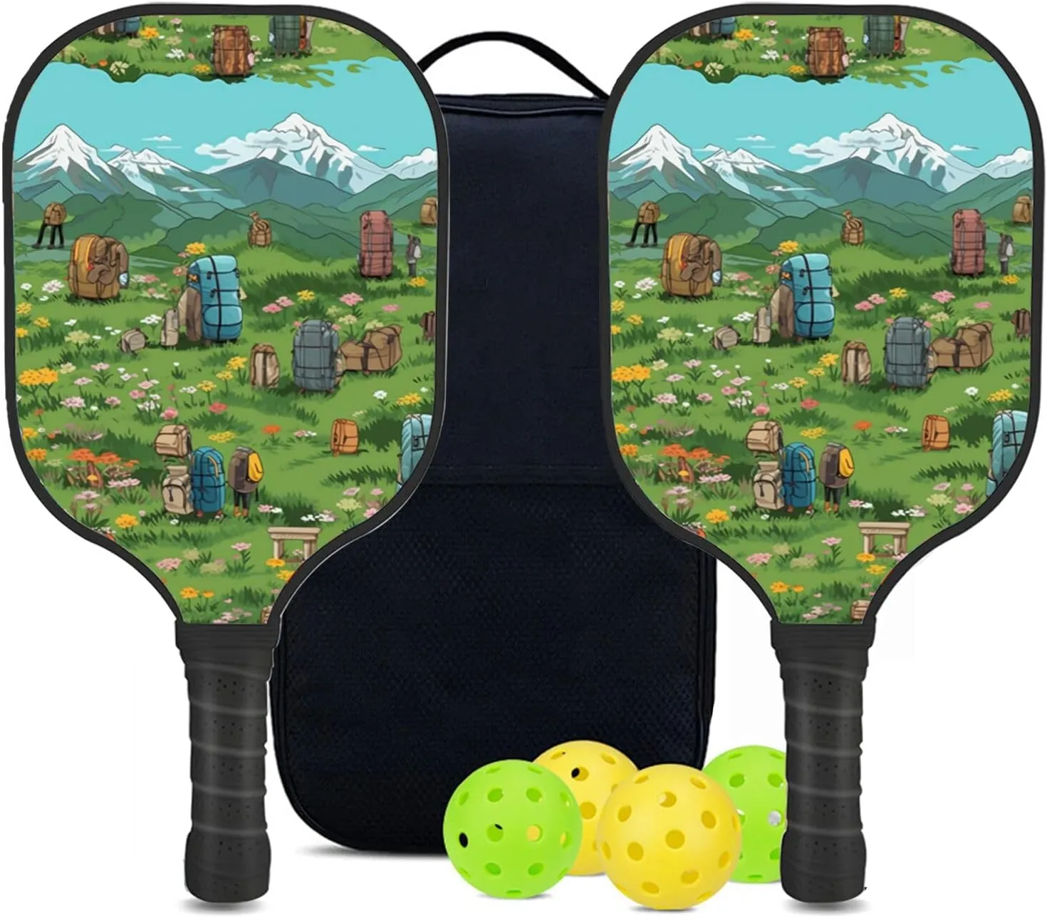 Custom Pickleball Paddles Set with 2 Pickleball Rackets 4 Pickle Balls 1 Carry Bag, Hiking-BJ314 Pattern, Carbon Fiber,Honeycomb Polymer Core & Comfort Grip