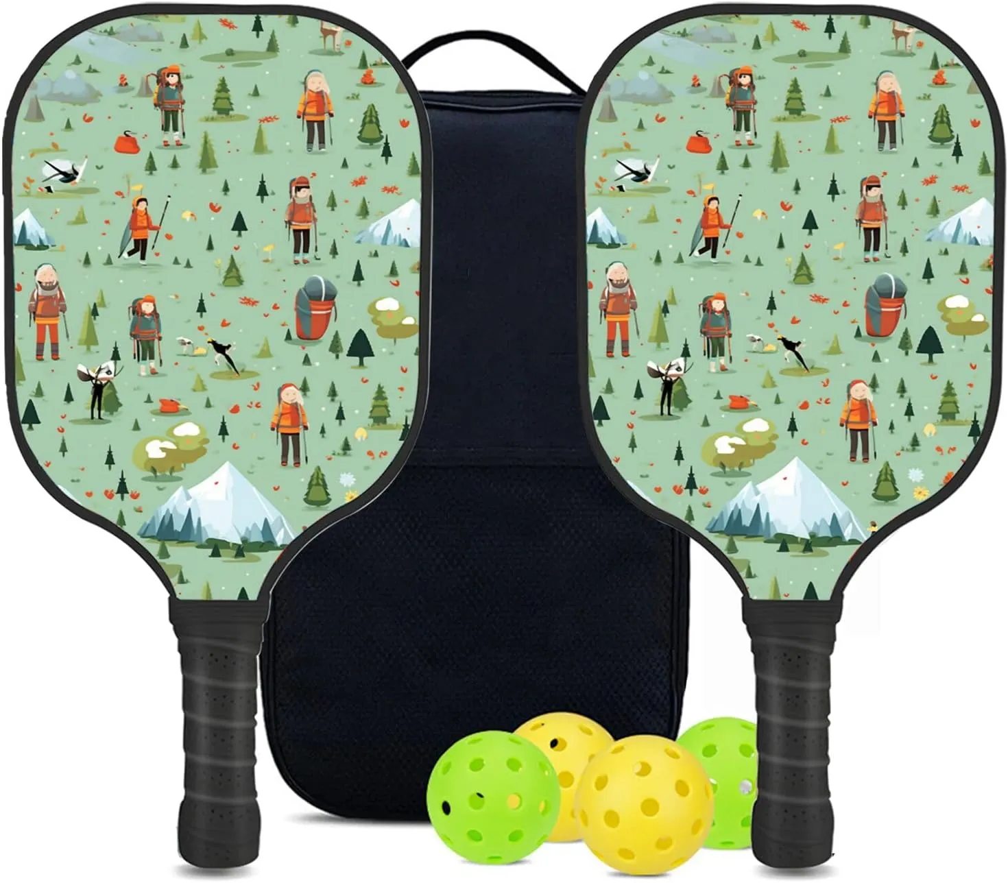 Custom Pickleball Paddles Set with 2 Pickleball Rackets 4 Pickle Balls 1 Carry Bag, Hiking-BJ315 Pattern, Carbon Fiber,Honeycomb Polymer Core & Comfort Grip