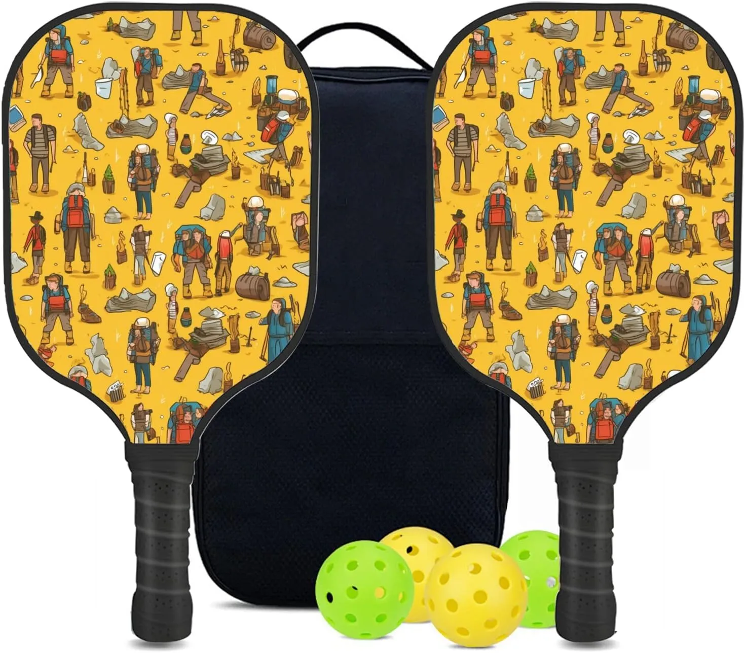 Custom Pickleball Paddles Set with 2 Pickleball Rackets 4 Pickle Balls 1 Carry Bag, Hiking-BJ324 Pattern, Carbon Fiber,Honeycomb Polymer Core & Comfort Grip