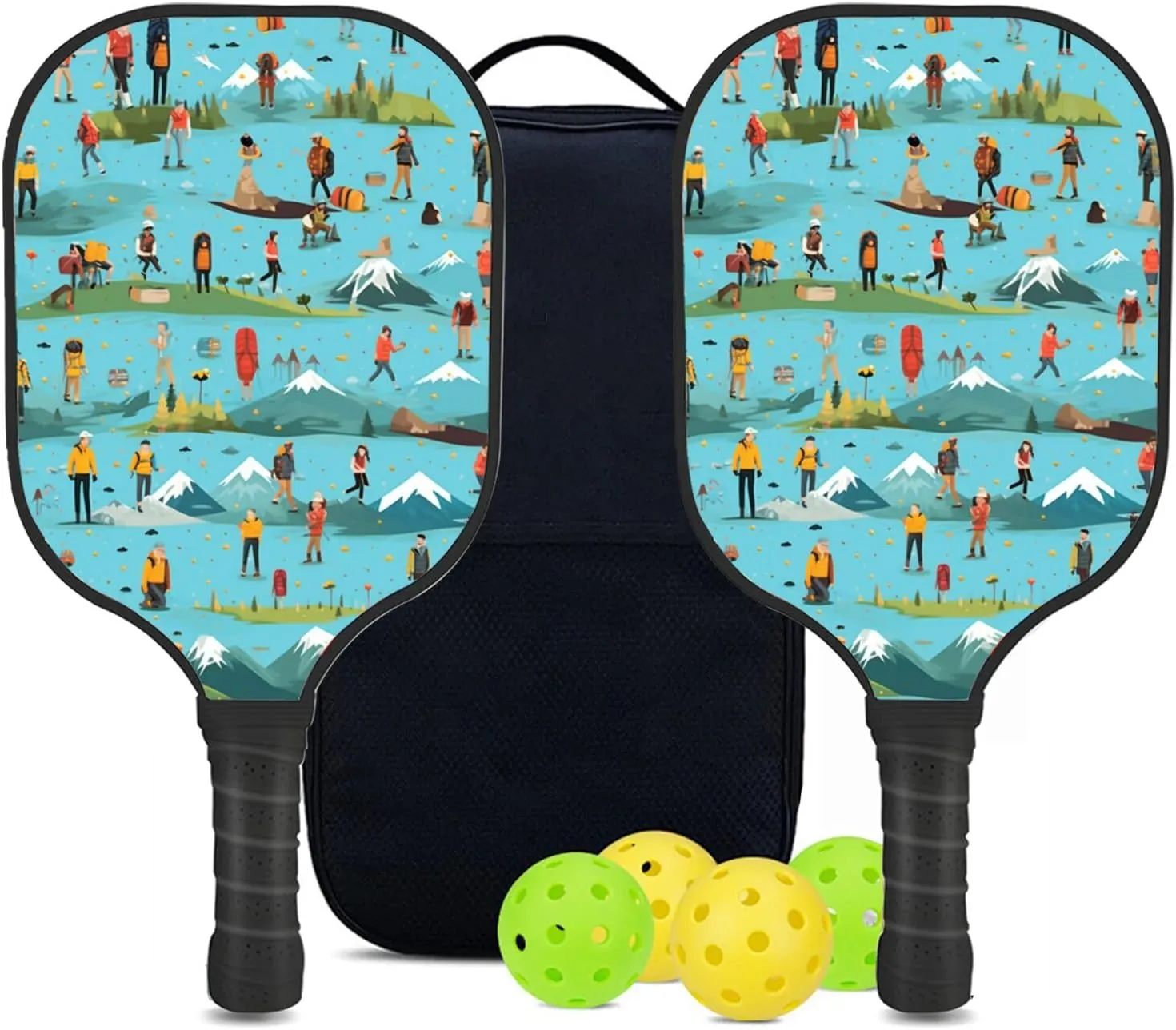Custom Pickleball Paddles Set with 2 Pickleball Rackets 4 Pickle Balls 1 Carry Bag, Hiking-BJ328 Pattern, Carbon Fiber,Honeycomb Polymer Core & Comfort Grip