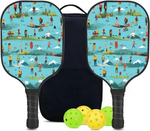 Custom Pickleball Paddles Set with 2 Pickleball Rackets 4 Pickle Balls 1 Carry Bag, Hiking-BJ328 Pattern, Carbon Fiber,Honeycomb Polymer Core & Comfort Grip