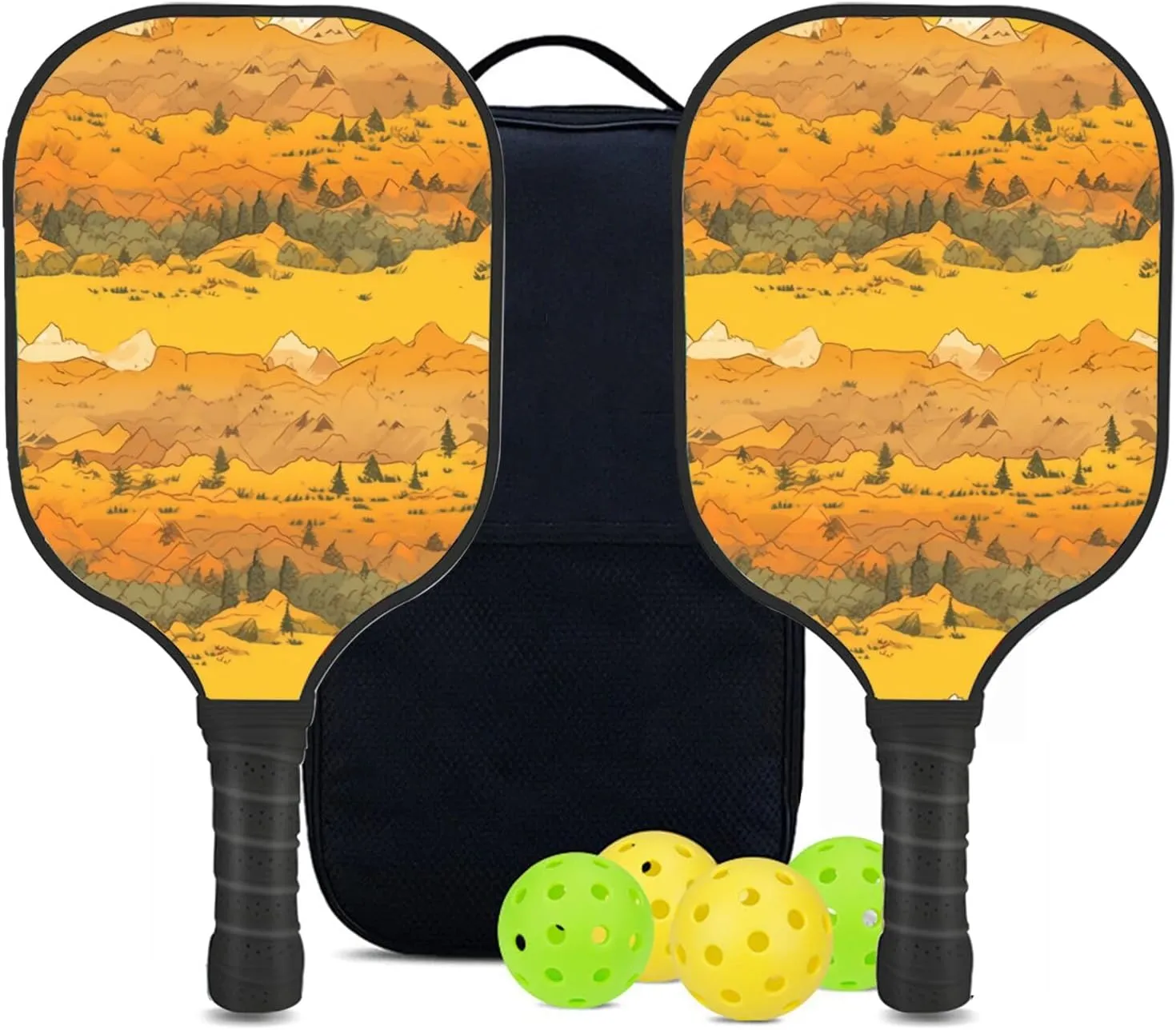 Custom Pickleball Paddles Set with 2 Pickleball Rackets 4 Pickle Balls 1 Carry Bag, Hiking-BJ332 Pattern, Carbon Fiber,Honeycomb Polymer Core & Comfort Grip
