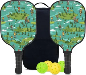 Custom Pickleball Paddles Set with 2 Pickleball Rackets 4 Pickle Balls 1 Carry Bag, Hiking-BJ336 Pattern, Carbon Fiber,Honeycomb Polymer Core & Comfort Grip