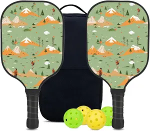 Custom Pickleball Paddles Set with 2 Pickleball Rackets 4 Pickle Balls 1 Carry Bag, Hiking-BJ338 Pattern, Carbon Fiber,Honeycomb Polymer Core & Comfort Grip