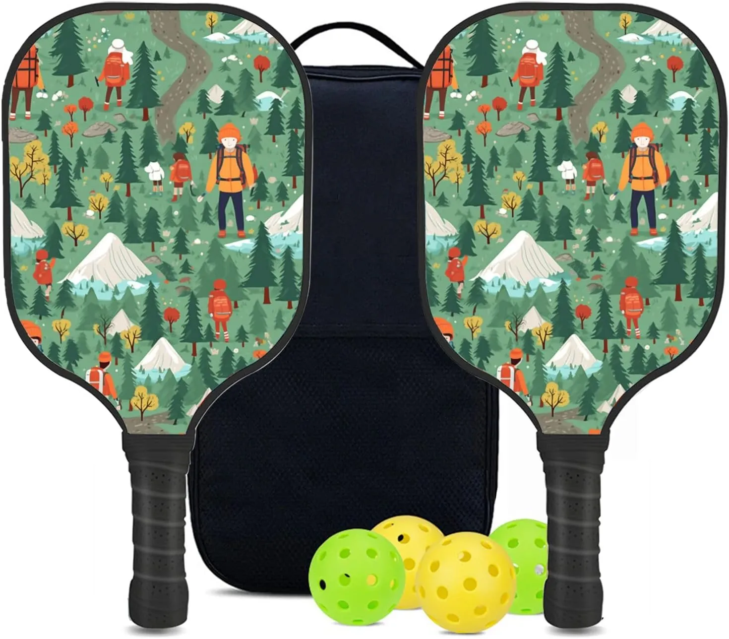 Custom Pickleball Paddles Set with 2 Pickleball Rackets 4 Pickle Balls 1 Carry Bag, Hiking-BJ348 Pattern, Carbon Fiber,Honeycomb Polymer Core & Comfort Grip