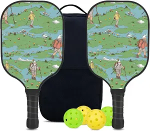 Custom Pickleball Paddles Set with 2 Pickleball Rackets 4 Pickle Balls 1 Carry Bag, Hiking-BJ352 Pattern, Carbon Fiber,Honeycomb Polymer Core & Comfort Grip