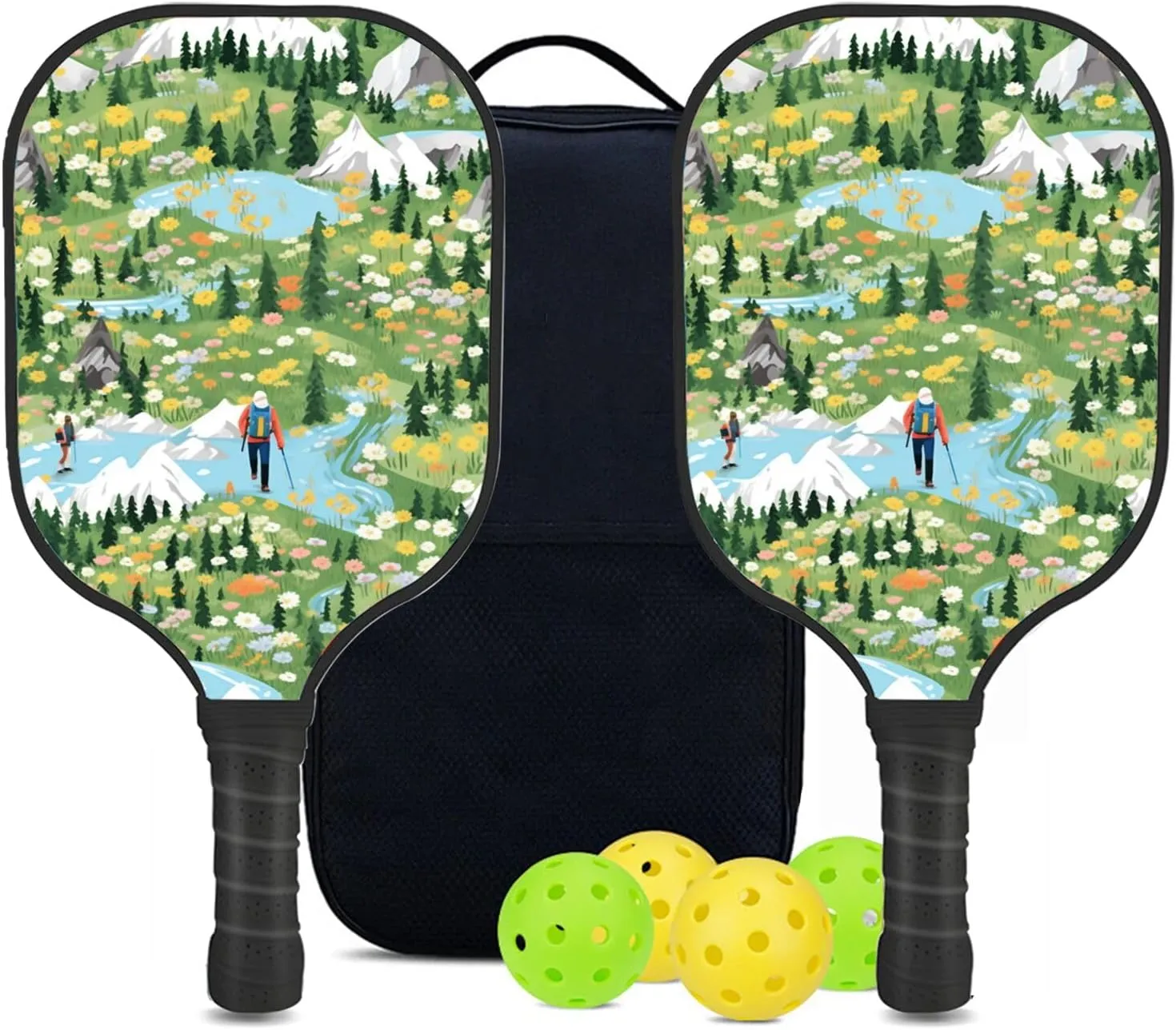 Custom Pickleball Paddles Set with 2 Pickleball Rackets 4 Pickle Balls 1 Carry Bag, Hiking-BJ353 Pattern, Carbon Fiber,Honeycomb Polymer Core & Comfort Grip