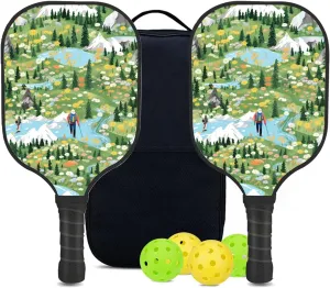 Custom Pickleball Paddles Set with 2 Pickleball Rackets 4 Pickle Balls 1 Carry Bag, Hiking-BJ353 Pattern, Carbon Fiber,Honeycomb Polymer Core & Comfort Grip