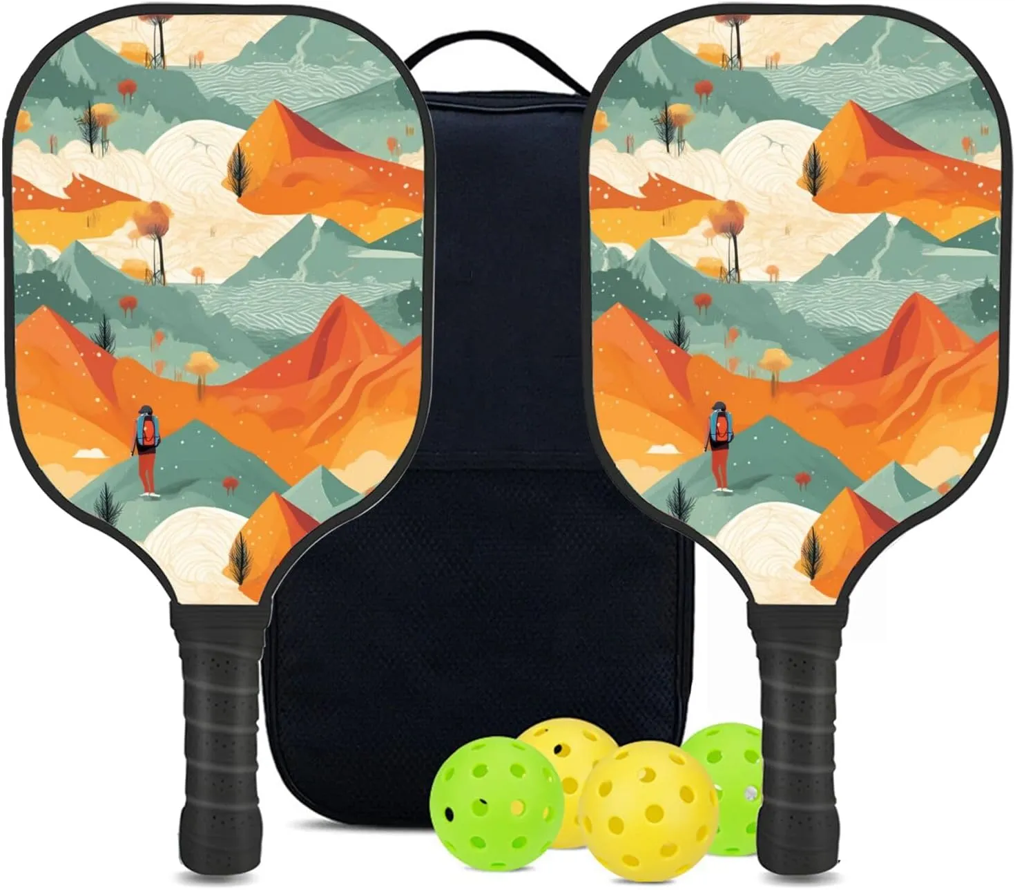 Custom Pickleball Paddles Set with 2 Pickleball Rackets 4 Pickle Balls 1 Carry Bag, Hiking-BJ362 Pattern, Carbon Fiber,Honeycomb Polymer Core & Comfort Grip
