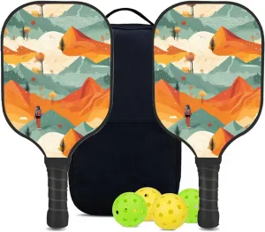 Custom Pickleball Paddles Set with 2 Pickleball Rackets 4 Pickle Balls 1 Carry Bag, Hiking-BJ362 Pattern, Carbon Fiber,Honeycomb Polymer Core & Comfort Grip