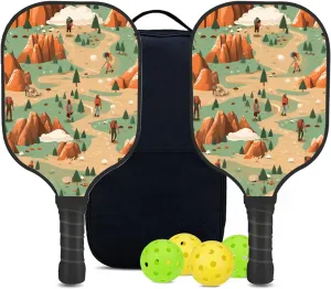 Custom Pickleball Paddles Set with 2 Pickleball Rackets 4 Pickle Balls 1 Carry Bag, Hiking-BJ363 Pattern, Carbon Fiber,Honeycomb Polymer Core & Comfort Grip