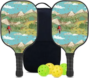 Custom Pickleball Paddles Set with 2 Pickleball Rackets 4 Pickle Balls 1 Carry Bag, Hiking-BJ369 Pattern, Carbon Fiber,Honeycomb Polymer Core & Comfort Grip