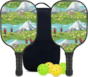 Custom Pickleball Paddles Set with 2 Pickleball Rackets 4 Pickle Balls 1 Carry Bag, Hiking-BJ378 Pattern, Carbon Fiber,Honeycomb Polymer Core & Comfort Grip