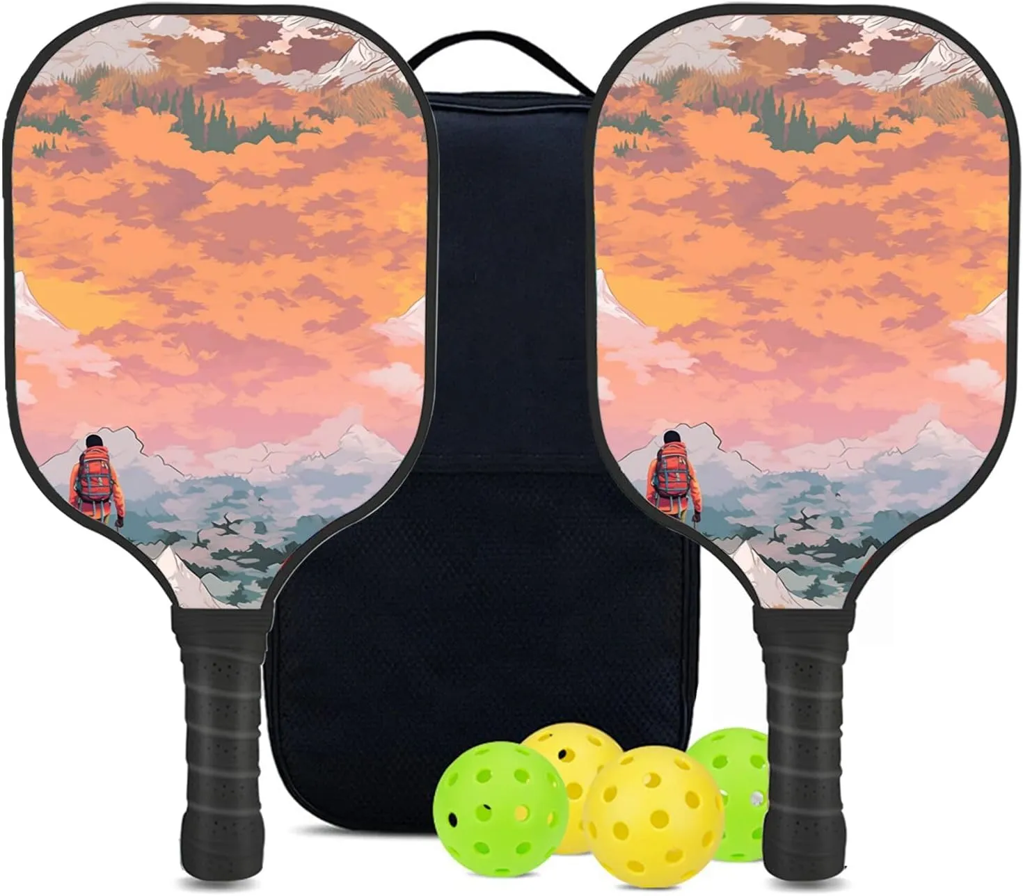 Custom Pickleball Paddles Set with 2 Pickleball Rackets 4 Pickle Balls 1 Carry Bag, Hiking-BJ383 Pattern, Carbon Fiber,Honeycomb Polymer Core & Comfort Grip