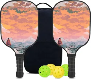 Custom Pickleball Paddles Set with 2 Pickleball Rackets 4 Pickle Balls 1 Carry Bag, Hiking-BJ383 Pattern, Carbon Fiber,Honeycomb Polymer Core & Comfort Grip