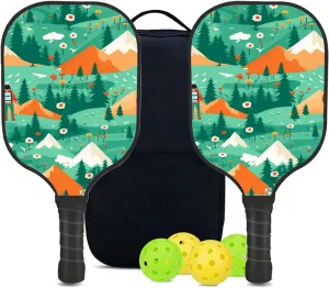 Custom Pickleball Paddles Set with 2 Pickleball Rackets 4 Pickle Balls 1 Carry Bag, Hiking-BJ387 Pattern, Carbon Fiber,Honeycomb Polymer Core & Comfort Grip