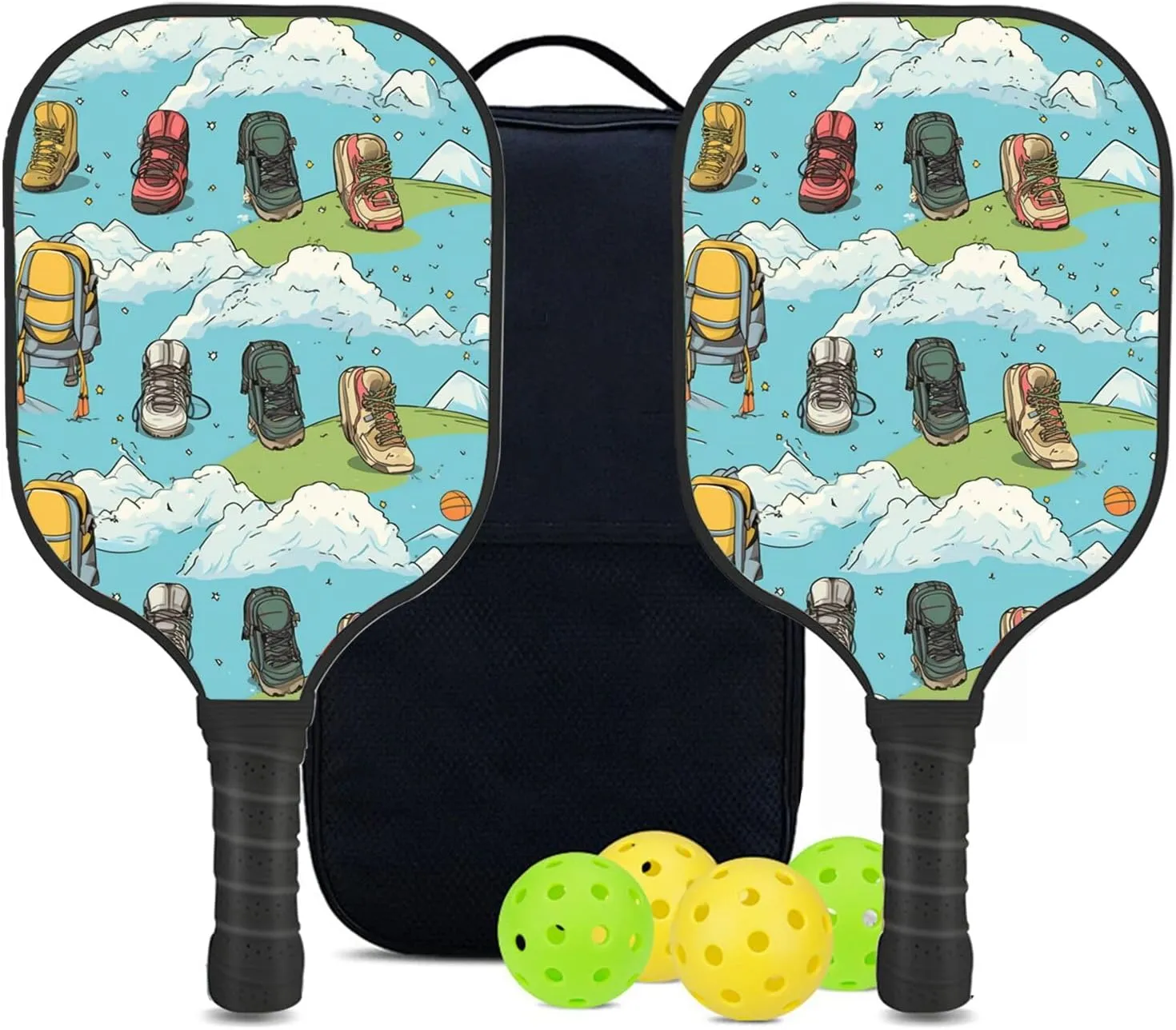 Custom Pickleball Paddles Set with 2 Pickleball Rackets 4 Pickle Balls 1 Carry Bag, Hiking-BJ398 Pattern, Carbon Fiber,Honeycomb Polymer Core & Comfort Grip