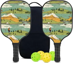 Custom Pickleball Paddles Set with 2 Pickleball Rackets 4 Pickle Balls 1 Carry Bag, Hiking-BJ407 Pattern, Carbon Fiber,Honeycomb Polymer Core & Comfort Grip