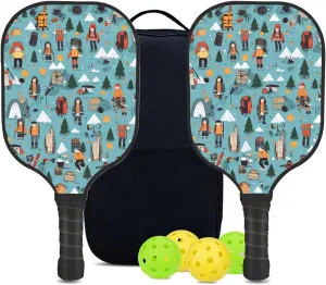 Custom Pickleball Paddles Set with 2 Pickleball Rackets 4 Pickle Balls 1 Carry Bag, Hiking-BJ408 Pattern, Carbon Fiber,Honeycomb Polymer Core & Comfort Grip
