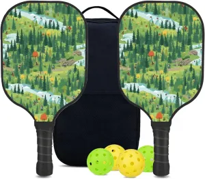Custom Pickleball Paddles Set with 2 Pickleball Rackets 4 Pickle Balls 1 Carry Bag, Hiking-BJ413 Pattern, Carbon Fiber,Honeycomb Polymer Core & Comfort Grip