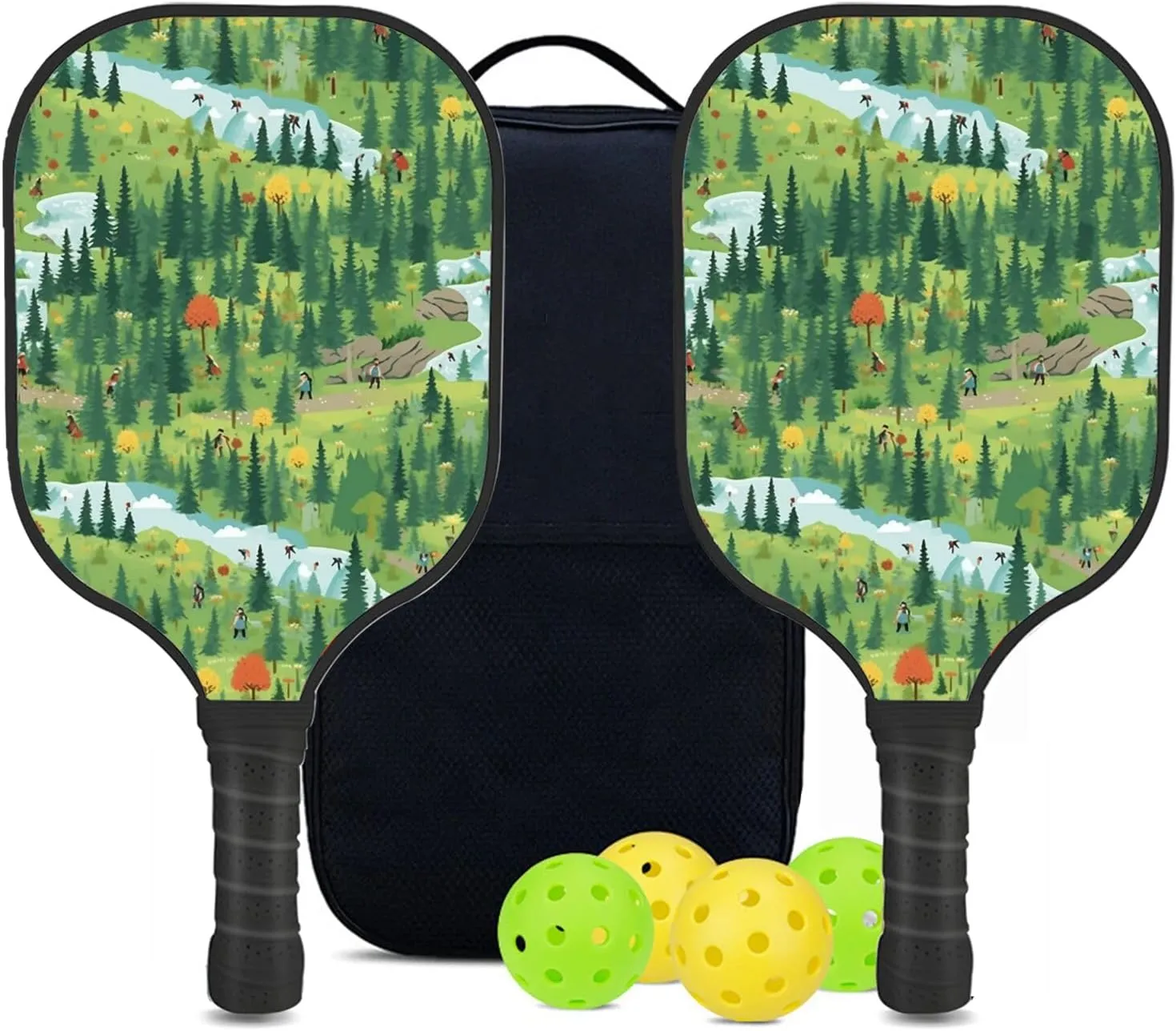 Custom Pickleball Paddles Set with 2 Pickleball Rackets 4 Pickle Balls 1 Carry Bag, Hiking-BJ413 Pattern, Carbon Fiber,Honeycomb Polymer Core & Comfort Grip