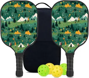 Custom Pickleball Paddles Set with 2 Pickleball Rackets 4 Pickle Balls 1 Carry Bag, Hiking-BJ420 Pattern, Carbon Fiber,Honeycomb Polymer Core & Comfort Grip