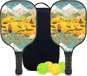 Custom Pickleball Paddles Set with 2 Pickleball Rackets 4 Pickle Balls 1 Carry Bag, Hiking-BJ421 Pattern, Carbon Fiber,Honeycomb Polymer Core & Comfort Grip
