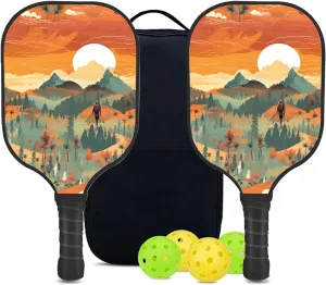Custom Pickleball Paddles Set with 2 Pickleball Rackets 4 Pickle Balls 1 Carry Bag, Hiking-BJ422 Pattern, Carbon Fiber,Honeycomb Polymer Core & Comfort Grip